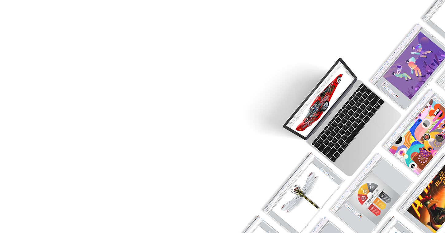 Image of the top view of laptop and screens featuring Canvas types of graphic design software. | Canvas GFX
